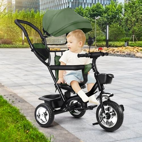 OHMG Dreirad 4 in1 Kinderdreirad mit Schubstange Stange,Drehbarer Sitz,ab 1 Jahr,Gummiräder Buggy Fahrrad Baby Klappbar,Ausklappbarem Verdeck,Korb,Pedal,bis 25 kg (Grün) von OHMG