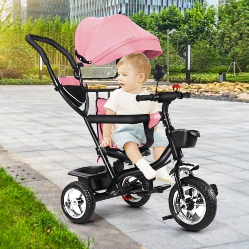 OHMG Dreirad 4 in1 Kinderdreirad mit Schubstange Stange,Drehbarer Sitz,ab 1 Jahr,Gummiräder Buggy Fahrrad Baby Klappbar,Ausklappbarem Verdeck,Korb,Pedal,bis 25 kg (Rosa) von OHMG