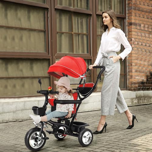 OHMG Dreirad 4 in1 Kinderdreirad mit Schubstange Stange,Drehbarer Sitz,ab 1 Jahr,Gummiräder Buggy Fahrrad Baby Klappbar,Ausklappbarem Verdeck,Korb,Pedal,bis 25 kg (Rot) von OHMG