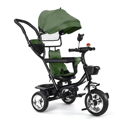 OHMG Dreirad 5 in1 Kinderdreirad mit Schubstange Lenksystem Stange ab 1 Jahr,Kinderdreirad drehbarer Sitz,Korb Tasche Getränkehalter Sonnendach Gummiräder Buggy Fahrrad Baby Klappbar ﻿ (grün) von OHMG