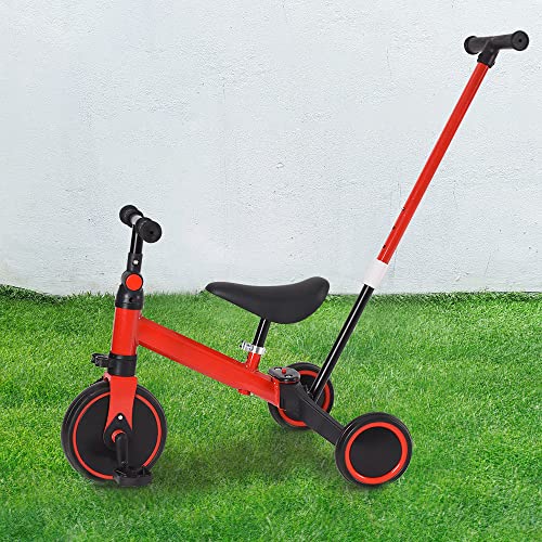 OHMG Kinderkraft 3-in-1-Fahrrad, mitwachsend, Laufrad, skalierbar, Babykinderwagen, Trike Baby, mit faltbarer Sonnenblende und abnehmbaren Pedalen (Rot (4 in 1) von OHMG