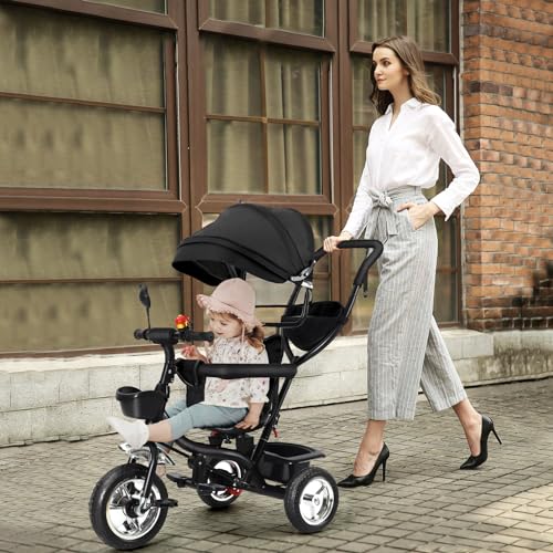 OHMG Kinderkraft 3-in-1-Kinderrad, mitwachsend, Laufrad, skalierbar, Baby-Trike, mit faltbarer Sonnenblende und abnehmbaren Pedalen (schwarz - 1) von OHMG