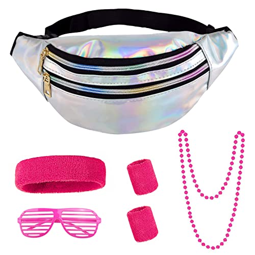 Bauchtasche Kinder 6 Pcs 80er Jahre Bauchtasche Bauchtasche Fasching Retro Bauchtasche Gürteltasche Kinder Bauchtasche Damen Festival Bauchtasche Silber Mit Halskette Brille Stirnband Handgelenkriemen von OHSN