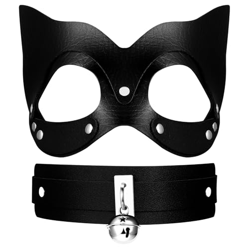 OIDEA Damen Leder Katzenmaske Set: Schwarz Dino Stil Augenmaske & Halsband mit Glöckchen Maskerade Kostüm Maske für Karneval Maskenball Rollenspiele Kostüm Cosplay OIDEA Damen Leder Katzenmaske Set: Schwarz Dino Stil Augenmaske & Halsband mit Glöckchen Maskerade Kostüm Maske für Karneval Maskenball Rollenspiele Kostüm Cosplay von OIDEA