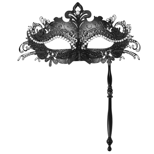 OIDEA Venezianische Maske für Damen: schwarze Masken für Karneval, Halloween, Kostümpartys, mit Stab für Damen, Kunststoff, Metall, Rollenspiel, für Partys, Cosplay, Geschenke von OIDEA