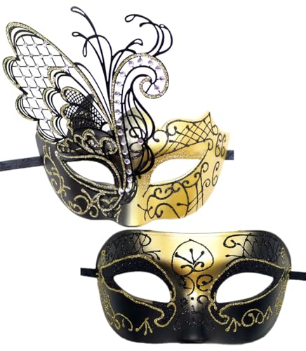 Oidea Masken-Set für Paare, glänzende Strasssteine, Metallmaske, Schmetterlingskostüm, Abschlussball, Party, venezianische Karnevalsmaske, Gold von OIDEA