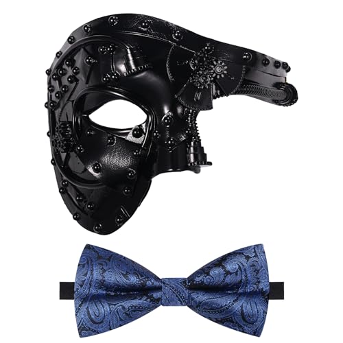 Oidea Maskerade Maske für Herren - Steampunk Mechanische Cyborg Phantom der Oper Maske Party Maske mit blauer Fliege, Schwarz von OIDEA