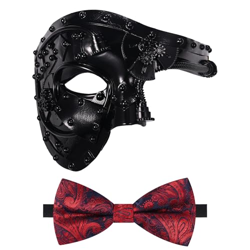 Oidea Maskerade Maske für Herren - Steampunk Mechanische Cyborg Phantom der Oper Maske Party Maske mit roter Fliege, Schwarz von OIDEA