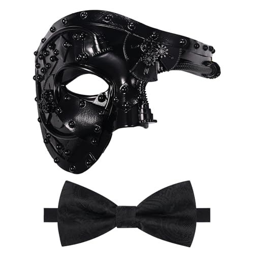 Oidea Maskerade Maske für Herren - Steampunk Mechanische Cyborg Phantom der Oper Maske Party Maske mit schwarzer Fliege, Schwarz von OIDEA