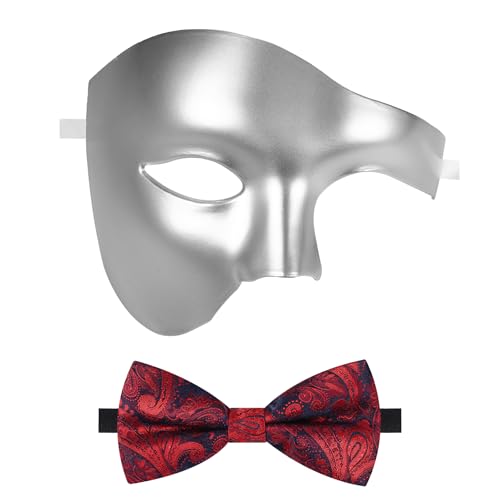 Oidea Maskerade-Maske für Herren: Einfarbige Phantom der Oper, Maske, Kostüm, Ball, Party, Maske mit roter Fliege, mattes Silber von OIDEA