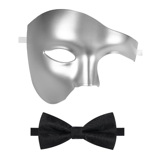 Oidea Maskerade-Maske für Herren: Einfarbige Phantom der Oper, Maske, Kostüm, Ball, Party, Maske mit schwarzer Fliege, mattes Silber von OIDEA