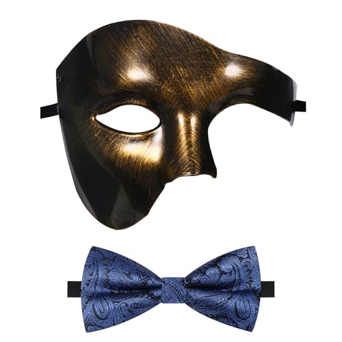 Oidea Maskerade-Maske für Herren: Einfarbige Phantom der Oper, Maske, Kostüm, Party, Maske mit blauer Fliege, Vintage-Gold von OIDEA