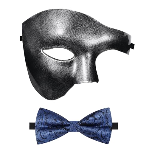 Oidea Maskerade-Maske für Herren: Einfarbige Phantom der Oper, Maske, Kostüm, Party, Maske mit blauer Fliege, Vintage-Silber von OIDEA