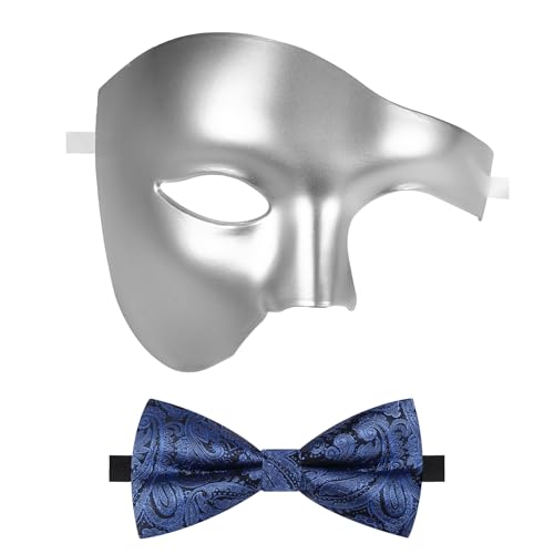 Oidea Maskerade-Maske für Herren: Einfarbige Phantom der Oper, Maske, Kostüm, Party, Maske mit blauer Fliege, mattes Silber von OIDEA