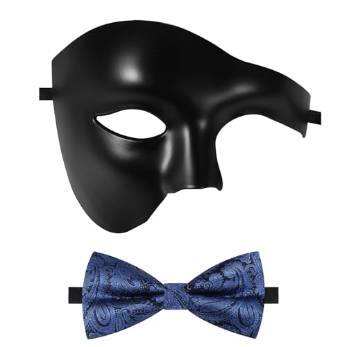 Oidea Maskerade-Maske für Herren: Einfarbige Phantom der Oper, Maske, Kostüm, Party, Maske mit blauer Fliege, mattschwarz von OIDEA