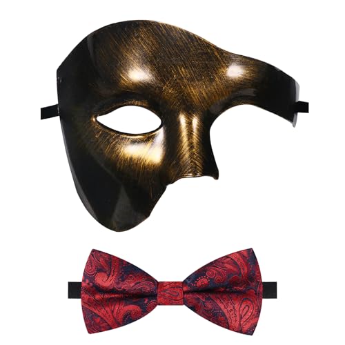 Oidea Maskerade-Maske für Herren: Einfarbige Phantom der Oper, Maske, Kostüm, Party, Maske mit roter Fliege, Vintage-Gold von OIDEA