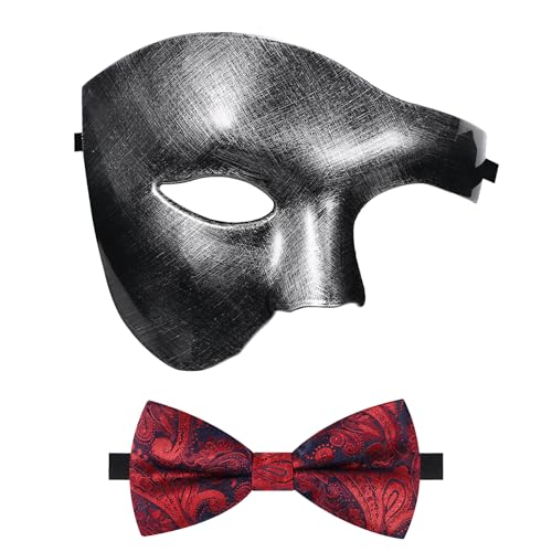 Oidea Maskerade-Maske für Herren: Einfarbige Phantom der Oper, Maske, Kostüm, Party, Maske mit roter Fliege, Vintage-Silber von OIDEA