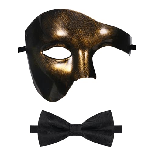 Oidea Maskerade-Maske für Herren: Einfarbige Phantom der Oper, Maske, Kostüm, Party, Maske mit schwarzer Fliege, Vintage-Gold von OIDEA