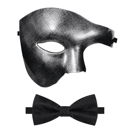 Oidea Maskerade-Maske für Herren: Einfarbige Phantom der Oper, Maske, Kostüm, Party, Maske mit schwarzer Fliege, Vintage-Silber von OIDEA