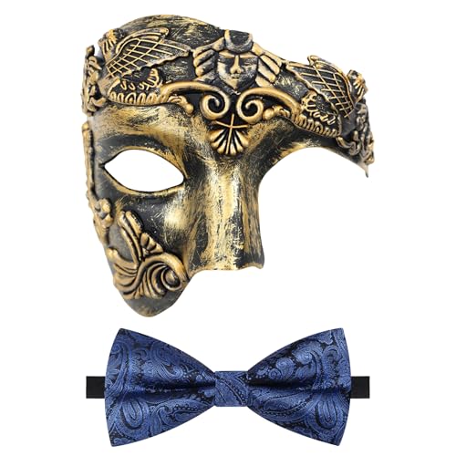 Oidea Maskerade Maske für Herren: Retro Phantom der Oper Maske mit blauer Fliege Kostüm einäugige halbe Gesichtsmaske, Gold von OIDEA