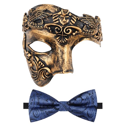 Oidea Maskerade Maske für Herren: Retro Phantom der Oper Maske mit blauer Fliege Kostüm einäugige halbe Gesichtsmaske, Kupfer von OIDEA