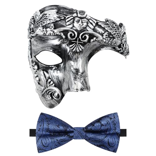 Oidea Maskerade Maske für Herren: Retro Phantom der Oper Maske mit blauer Fliege Kostüm einäugige halbe Gesichtsmaske, Silber von OIDEA