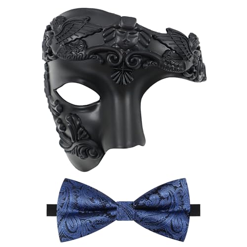 Oidea Maskerade Maske für Herren: Retro Phantom der Oper Maske mit blauer Fliege Kostüm einäugige halbe Gesichtsmaske, schwarz von OIDEA