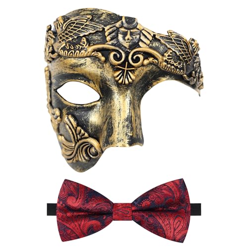 Oidea Maskerade Maske für Herren: Retro Phantom der Oper Maske mit roter Fliege Kostüm einäugige halbe Gesichtsmaske, Gold von OIDEA