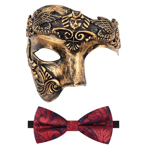 Oidea Maskerade Maske für Herren: Retro Phantom der Oper Maske mit roter Fliege Kostüm einäugige halbe Gesichtsmaske, Kupfer von OIDEA