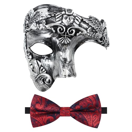 Oidea Maskerade Maske für Herren: Retro Phantom der Oper Maske mit roter Fliege Kostüm einäugige halbe Gesichtsmaske, Silber von OIDEA