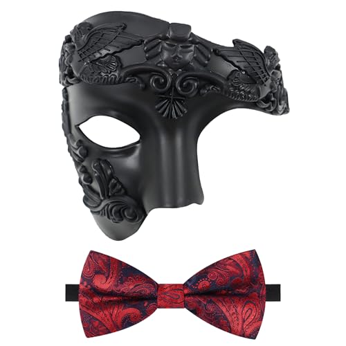 Oidea Maskerade Maske für Herren: Retro Phantom der Oper Maske mit roter Fliege Kostüm einäugige halbe Gesichtsmaske, schwarz von OIDEA