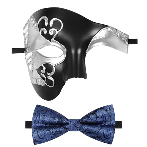 Oidea Maskerade Maske für Herren: Vintage Phantom der Oper Maske Halloween Kostüm Abschlussball Party Maske mit blauer Fliege, Schwarz von OIDEA