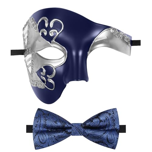 Oidea Maskerade Maske für Herren: Vintage Phantom der Oper Maske Kostüm Abschlussball Halbgesicht Party Maske mit blauer Fliege, Blau von OIDEA