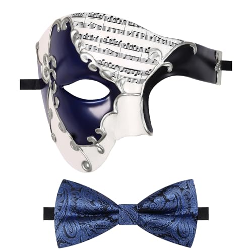 Oidea Maskerade Maske für Herren: Vintage Phantom der Oper Maske Kostüm Abschlussball Party Maske mit blauer Fliege, Schwarz Blau von OIDEA