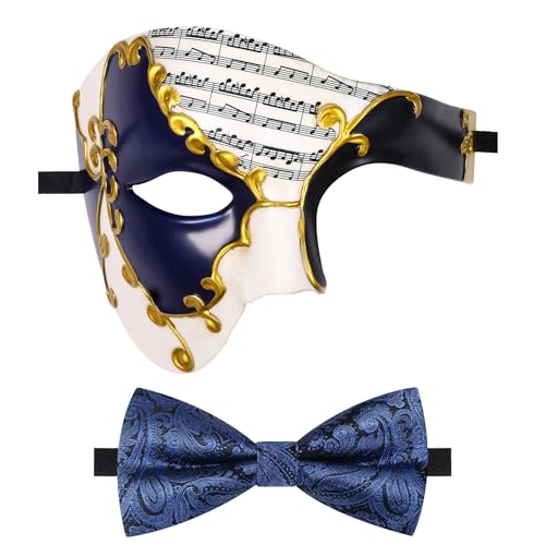 Oidea Maskerade Maske für Herren: Vintage Phantom der Oper Maske Kostüm Abschlussball Party Maske mit blauer Fliege, Schwarz Gold von OIDEA