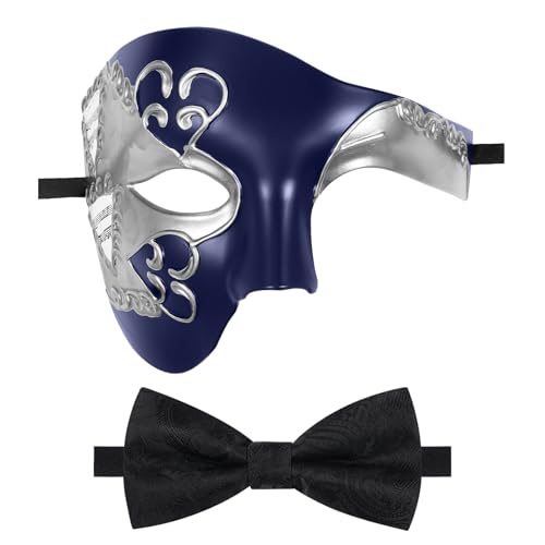 Oidea Maskerade Maske für Herren: Vintage Phantom der Oper Maske Kostüm Prom Half Face Party Maske mit schwarzer Fliege Blau von OIDEA