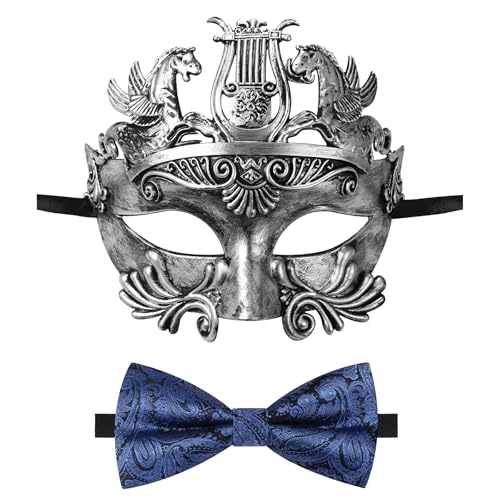 Oidea Maskerade Maske für Männer Retro antiker griechischer römischer Soldat Phantom der Oper Maske mit blauer Fliege, Silber von OIDEA