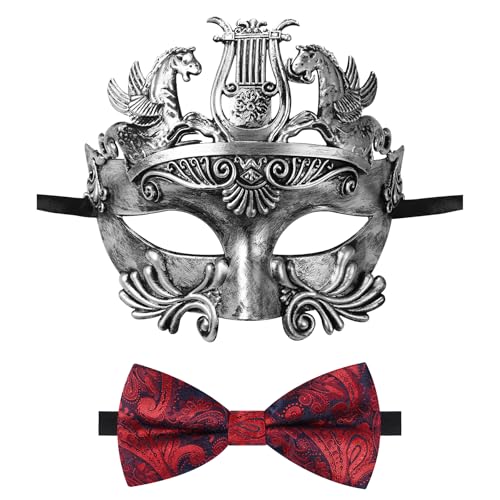 Oidea Maskerade Maske für Männer Retro antiker griechischer römischer Soldat Phantom der Oper Maske mit roter Fliege, Silber von OIDEA