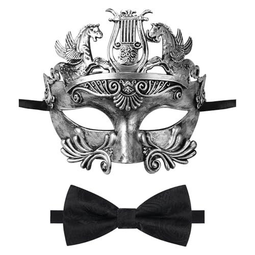 Oidea Maskerade Maske für Männer Retro antiker griechischer römischer Soldat Phantom der Oper Maske mit schwarzer Fliege, Silber von OIDEA