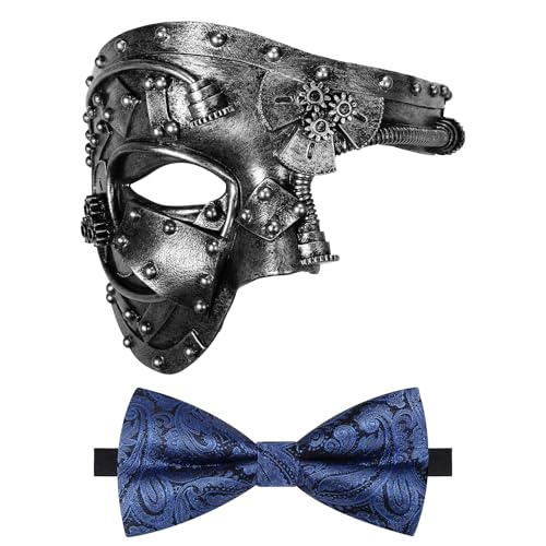 Oidea Maskerade Maske für Männer Steampunk Mechanische Cyborg Phantom der Oper Maske Party Maske mit blauer Fliege, Silber von OIDEA