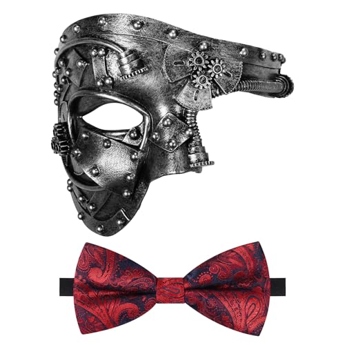 Oidea Maskerade Maske für Männer Steampunk Mechanische Cyborg Phantom der Oper Maske Party Maske mit roter Fliege, Silber von OIDEA