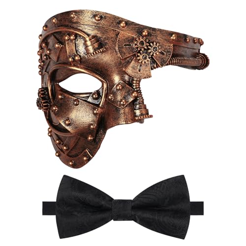 Oidea Maskerade Maske für Männer Steampunk Mechanische Cyborg Phantom der Oper Maske Party Maske mit schwarzer Fliege, Gold von OIDEA