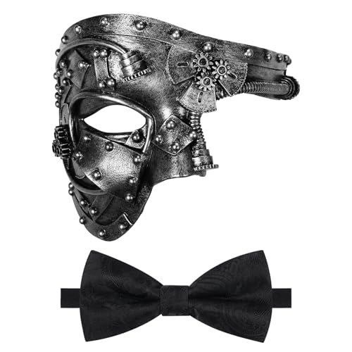 Oidea Maskerade Maske für Männer Steampunk Mechanische Cyborg Phantom der Oper Maske Party Maske mit schwarzer Fliege, Silber von OIDEA