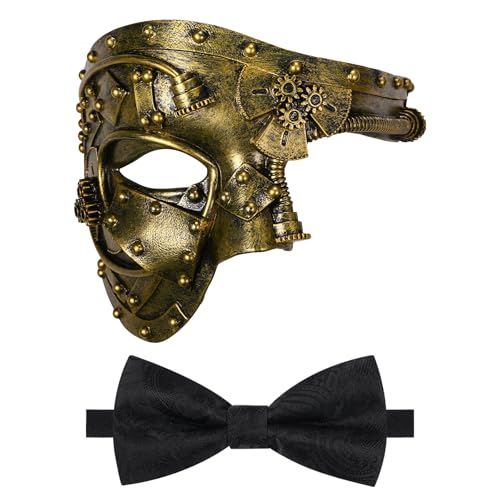 Oidea Maskerade Maske für Männer Steampunk Mechanische Cyborg Phantom der Oper Maske mit schwarzer Fliege, Antikgold von OIDEA