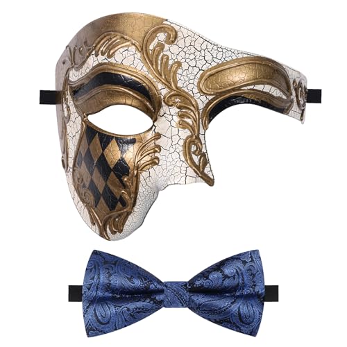 Oidea Maskerade Maske für Männer Vintage Phantom der Oper Maske Einäugige Halbgesichtsmaske Partymaske mit blauer Fliege, Gold von OIDEA