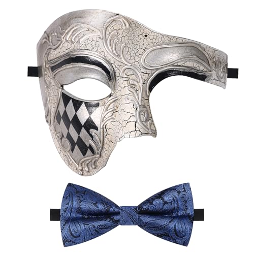 Oidea Maskerade Maske für Männer Vintage Phantom der Oper Maske Einäugige Halbgesichtsmaske Partymaske mit blauer Fliege, Weiß von OIDEA