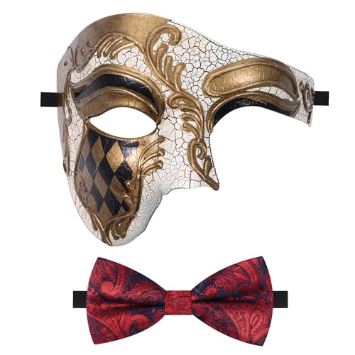 Oidea Maskerade Maske für Männer Vintage Phantom der Oper Maske Einäugige Halbgesichtsmaske Partymaske mit roter Fliege, Gold von OIDEA