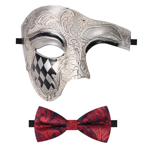 Oidea Maskerade Maske für Männer Vintage Phantom der Oper Maske Einäugige Halbgesichtsmaske Partymaske mit roter Fliege, Weiß von OIDEA