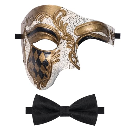 Oidea Maskerade Maske für Männer Vintage Phantom der Oper Maske Einäugige Halbgesichtsmaske Partymaske mit schwarzer Fliege, Gold von OIDEA