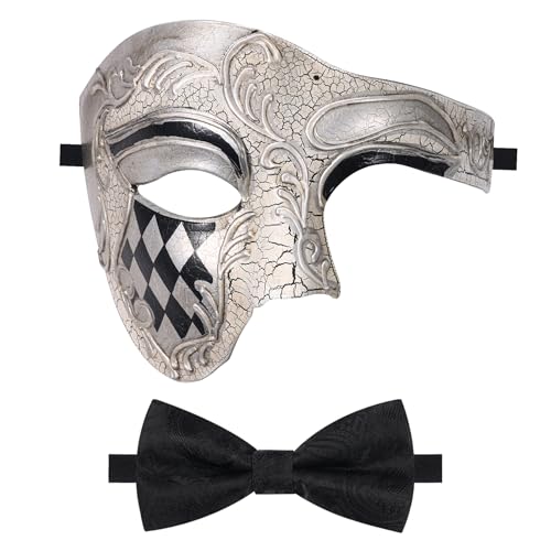 Oidea Maskerade Maske für Männer Vintage Phantom der Oper Maske Einäugige Halbgesichtsmaske Partymaske mit schwarzer Fliege, Weiß von OIDEA